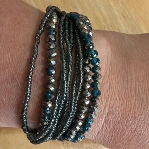 Multi-Strand Beaded Magnetic Bracelet Teal Gunmetal Silver Tone